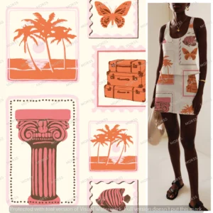 Vintage-inspired holiday stamp print with suitcases, butterflies, columns, and seaside icons