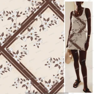 Luster Scarf print featuring delicate white florals on a warm beige background with rich chocolate borders, designed for elegant dresses and chic resort wear.