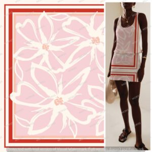 Romantic blush pink floral print with red border for fashion and textiles