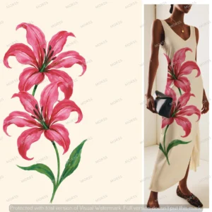 Exclusive hand-painted pink lily print for fashion garments and resortwear, featuring bold brushstroke detailing and placement-ready layout