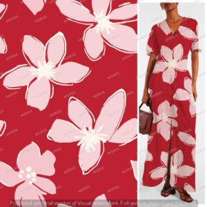 Exclusive red floral textile design with blush pink flowers for fashion collections