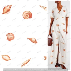Minimal spaced repeat of hand-painted seashells in sepia tones for resortwear and beach collections