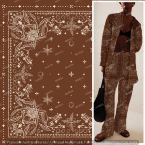 Warm sepia-toned paisley and leaf bandana print for fashion textiles