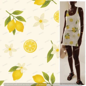 Seamless lemon and white blossom textile print in hand-painted watercolor style for summer resortwear