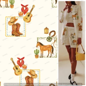 Western-themed textile design with watercolor illustrations of boots, horses, cacti, and guitars for fashion brands