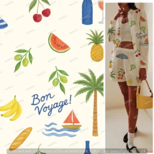 Exclusive hand-painted textile design featuring tropical fruits, sailboats, and holiday-themed elements for summer resortwear
