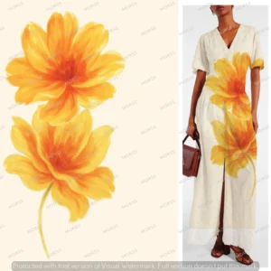 Exclusive yellow hand-painted floral design for fashion garments with soft brush texture and bold placement effect