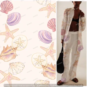 Textile design of soft purple watercolor seashells and starfish, ideal for coastal fashion brands and resortwear